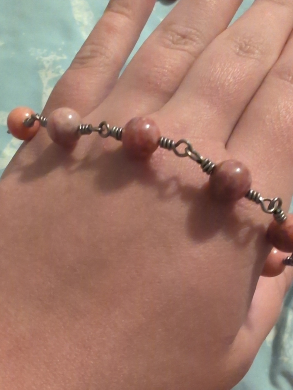 Rose-Toned Beaded Bracelet - Pink Stone Link Bracelet Handmade
